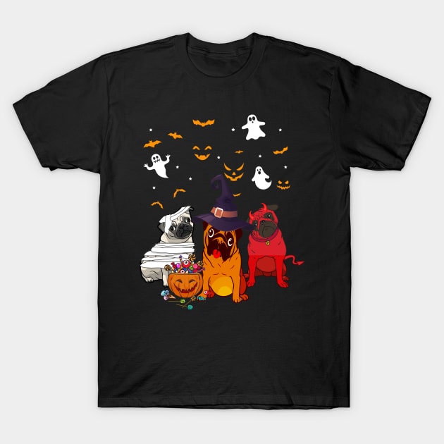 Funny Three Pug Halloween T-Shirt by Bensonn